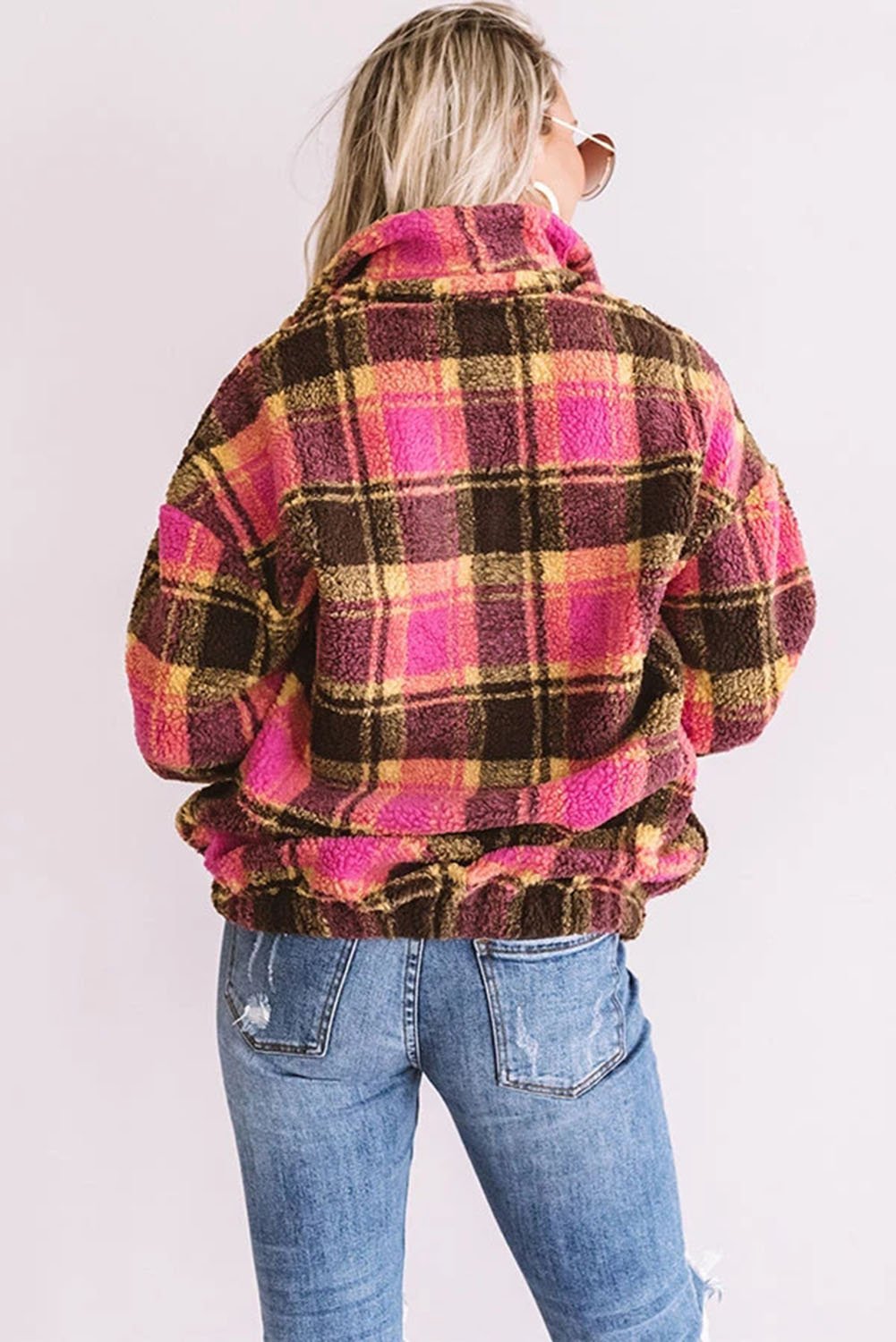 Plaid Zipper Stand Collar Sherpa Pullover Sweatshirt featuring a stylish plaid print and soft fabric, perfect for casual wear.