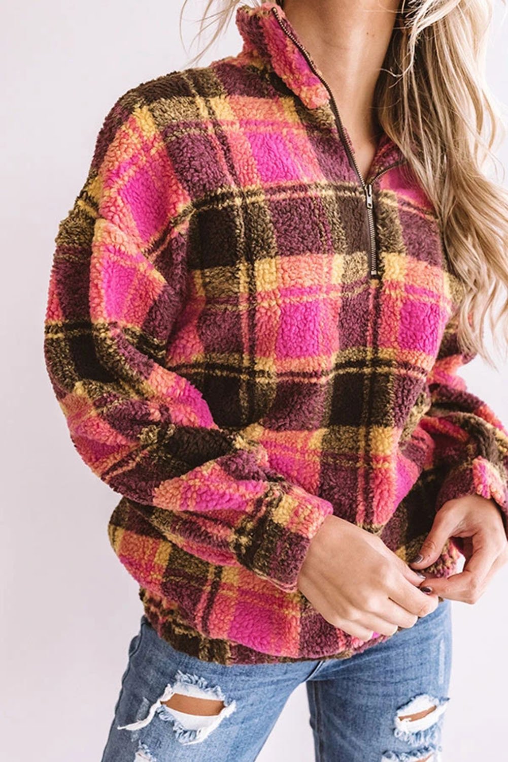 Plaid Zipper Stand Collar Sherpa Pullover Sweatshirt featuring a stylish plaid print and soft fabric, perfect for casual wear.