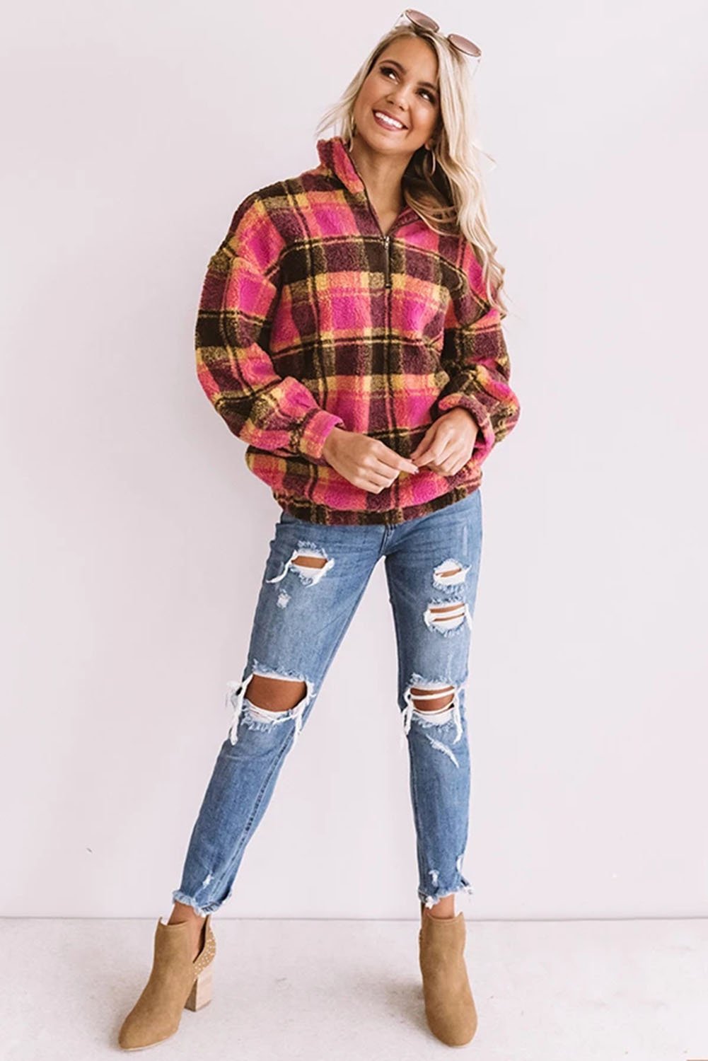 Plaid Zipper Stand Collar Sherpa Pullover Sweatshirt featuring a stylish plaid print and soft fabric, perfect for casual wear.