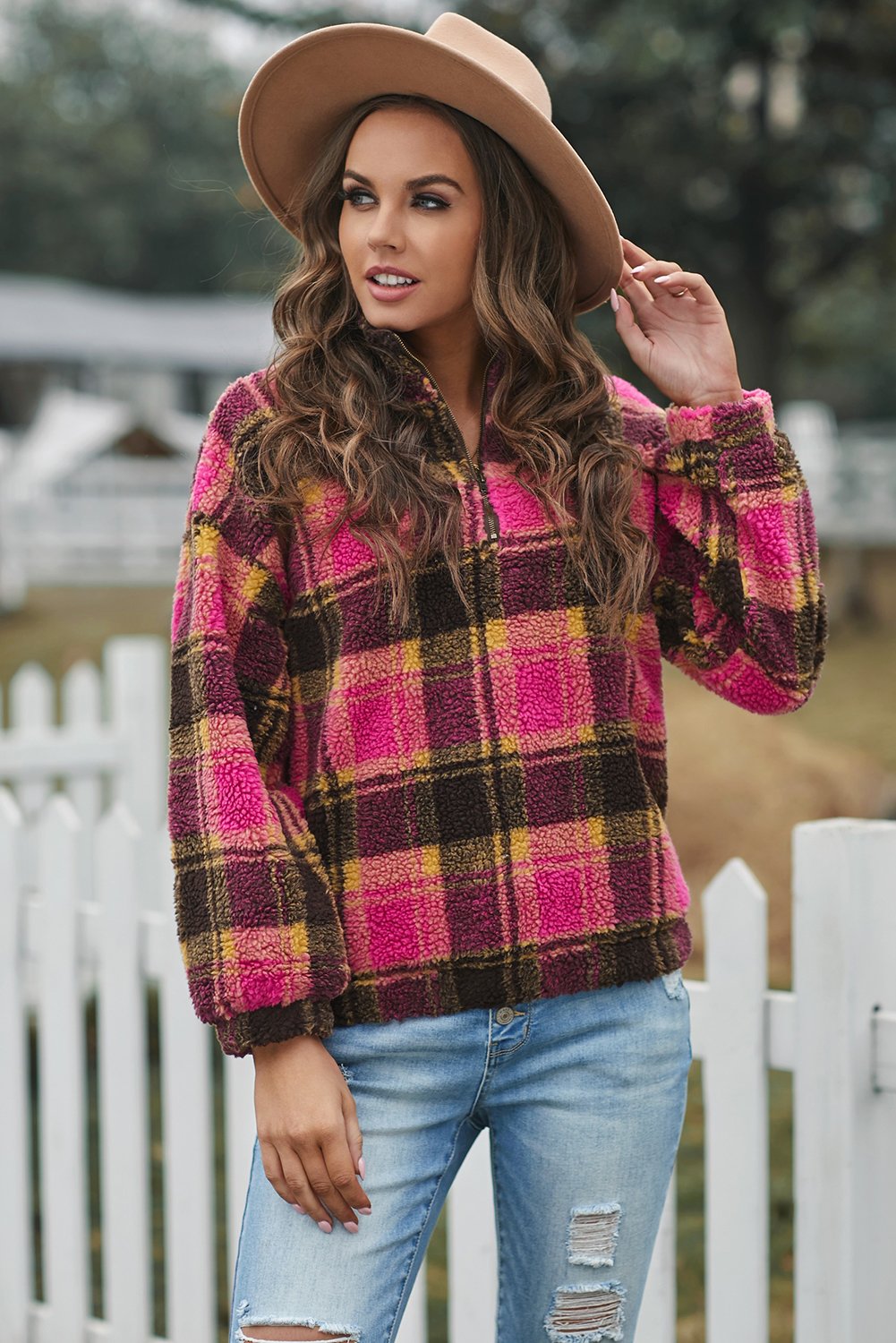 Plaid Zipper Stand Collar Sherpa Pullover Sweatshirt featuring a stylish plaid print and soft fabric, perfect for casual wear.