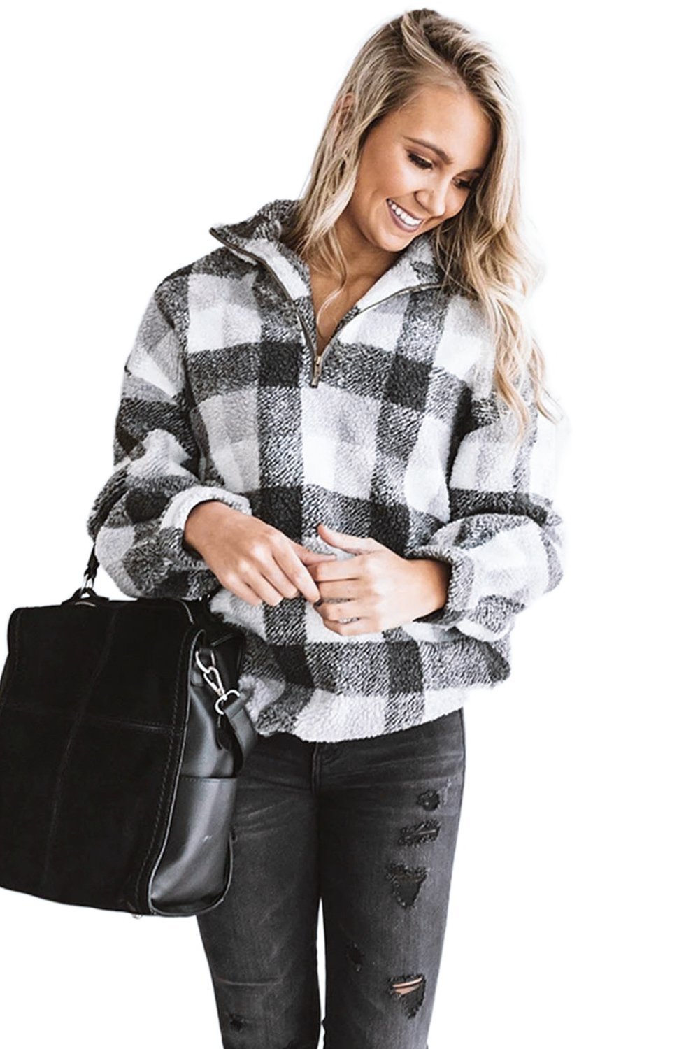 Plaid Zipper Stand Collar Sherpa Pullover Sweatshirt featuring a stylish plaid print and soft fabric, perfect for casual wear.