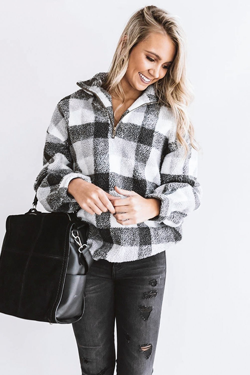 Plaid Zipper Stand Collar Sherpa Pullover Sweatshirt featuring a stylish plaid print and soft fabric, perfect for casual wear.