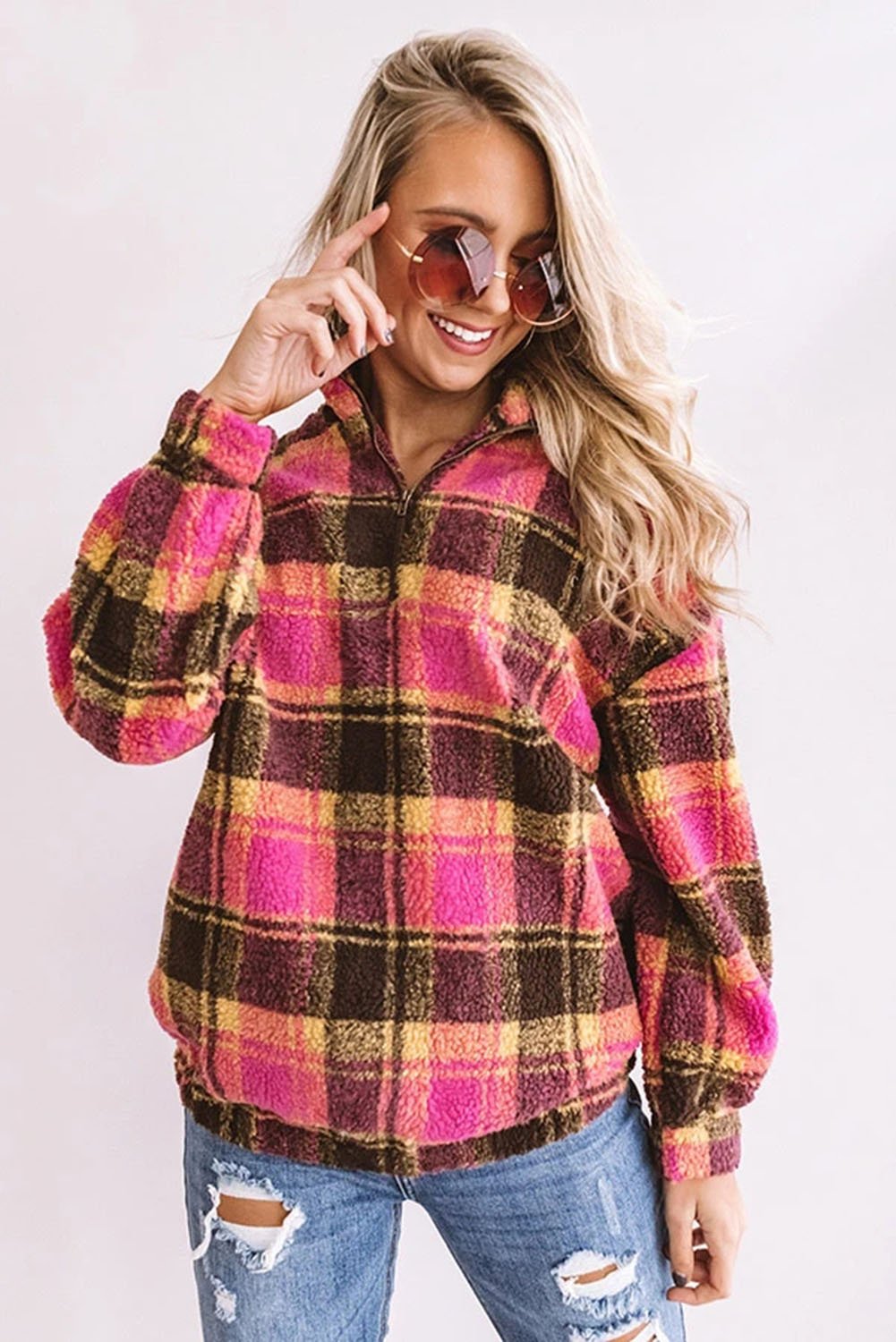 Plaid Zipper Stand Collar Sherpa Pullover Sweatshirt featuring a stylish plaid print and soft fabric, perfect for casual wear.