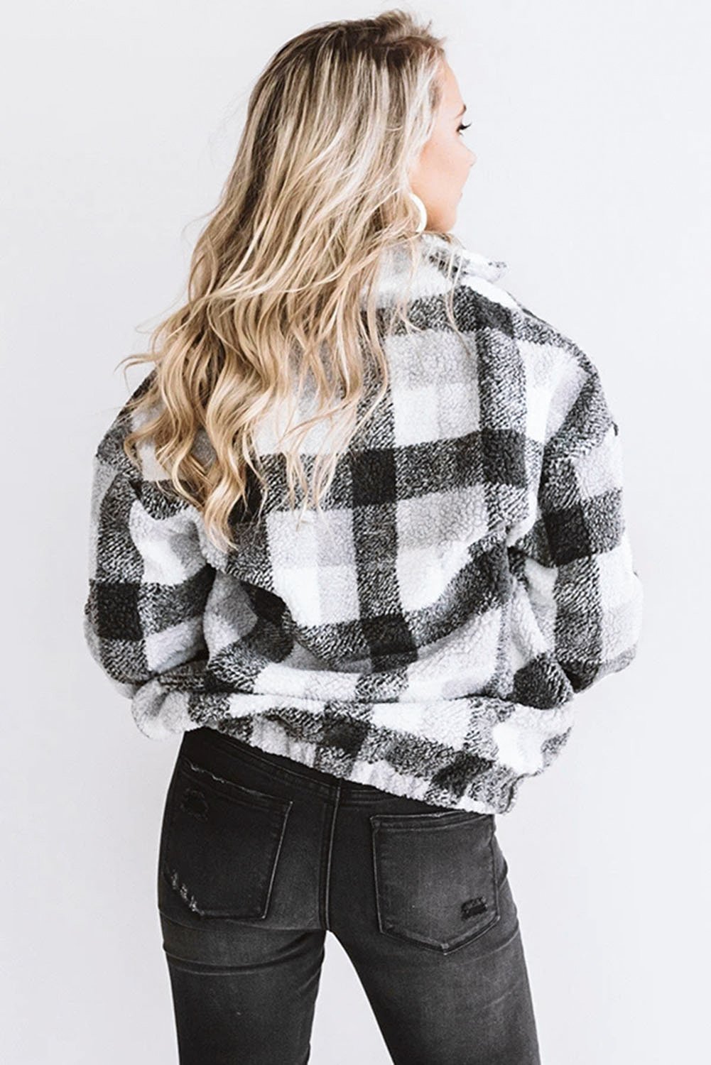 Plaid Zipper Stand Collar Sherpa Pullover Sweatshirt featuring a stylish plaid print and soft fabric, perfect for casual wear.