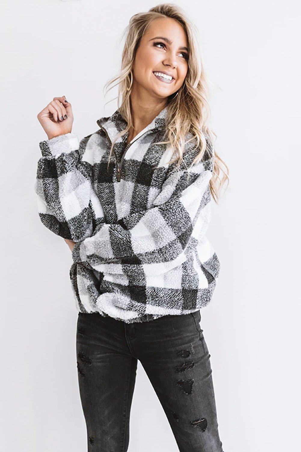 Plaid Zipper Stand Collar Sherpa Pullover Sweatshirt featuring a stylish plaid print and soft fabric, perfect for casual wear.