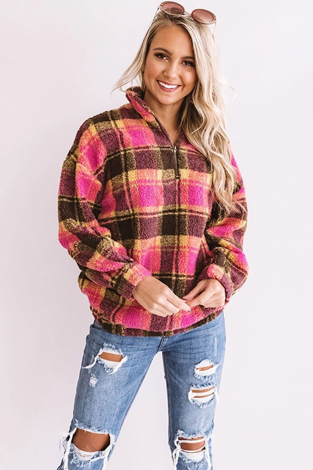 Plaid Zipper Stand Collar Sherpa Pullover Sweatshirt featuring a stylish plaid print and soft fabric, perfect for casual wear.