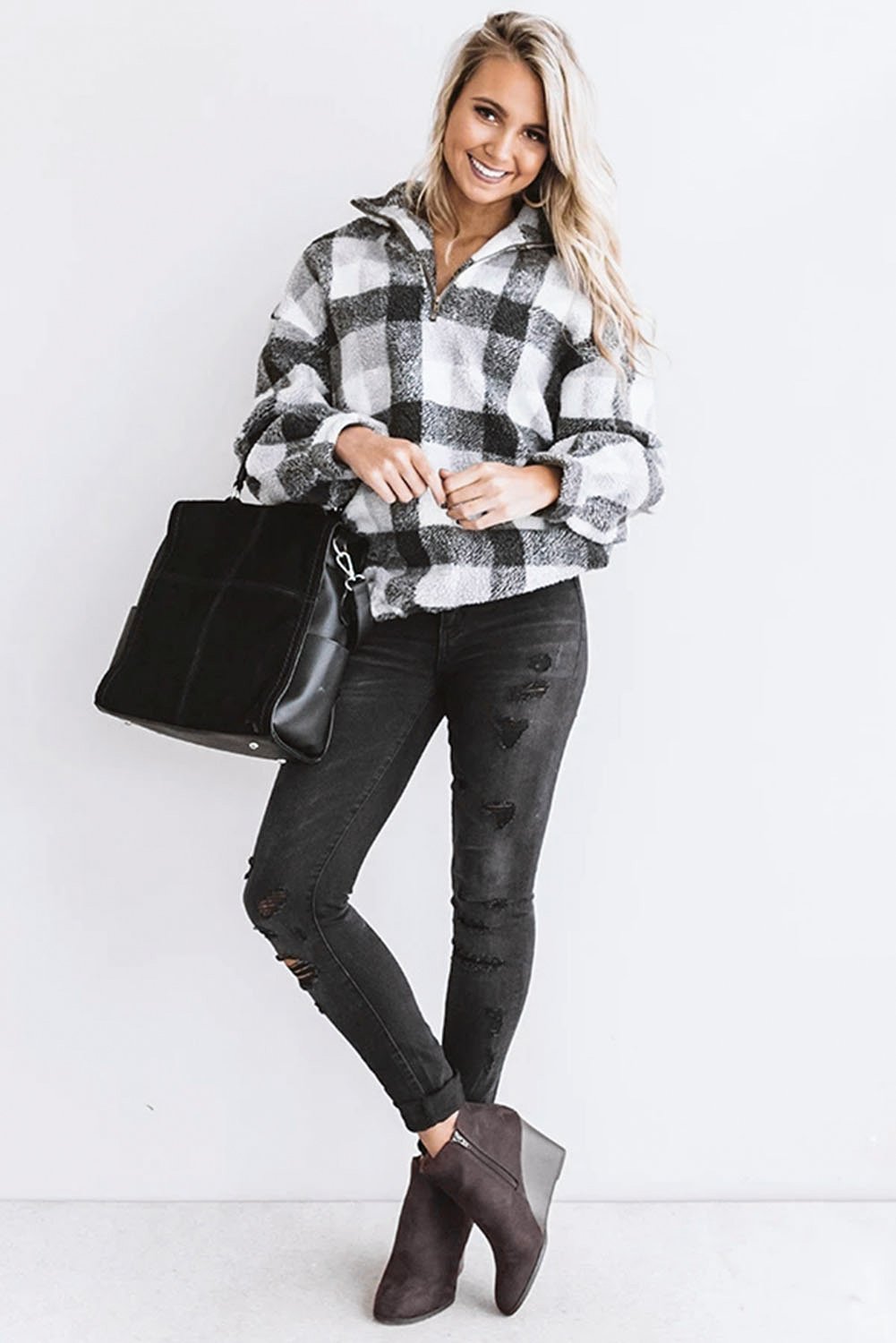 Plaid Zipper Stand Collar Sherpa Pullover Sweatshirt featuring a stylish plaid print and soft fabric, perfect for casual wear.