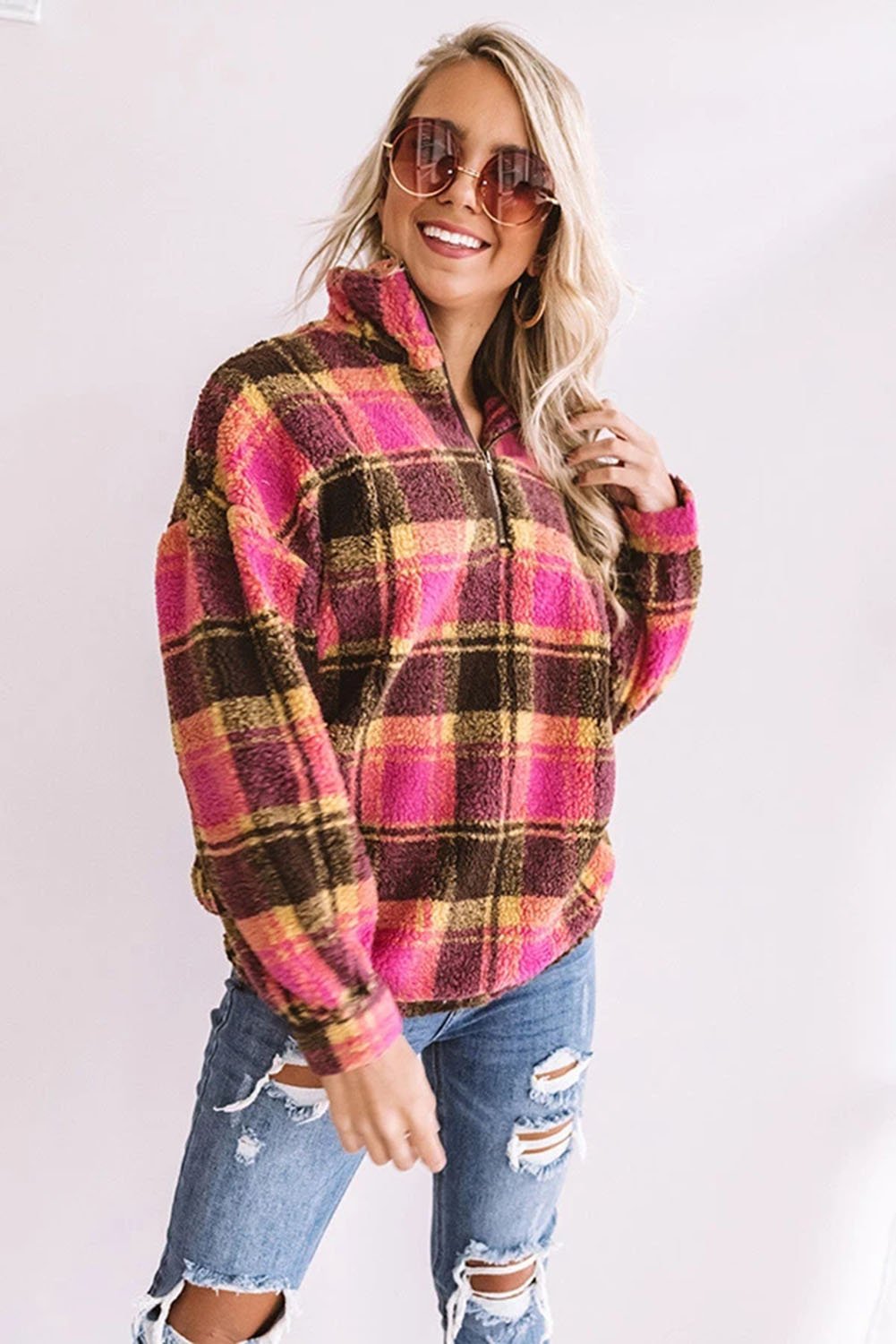 Plaid Zipper Stand Collar Sherpa Pullover Sweatshirt featuring a stylish plaid print and soft fabric, perfect for casual wear.