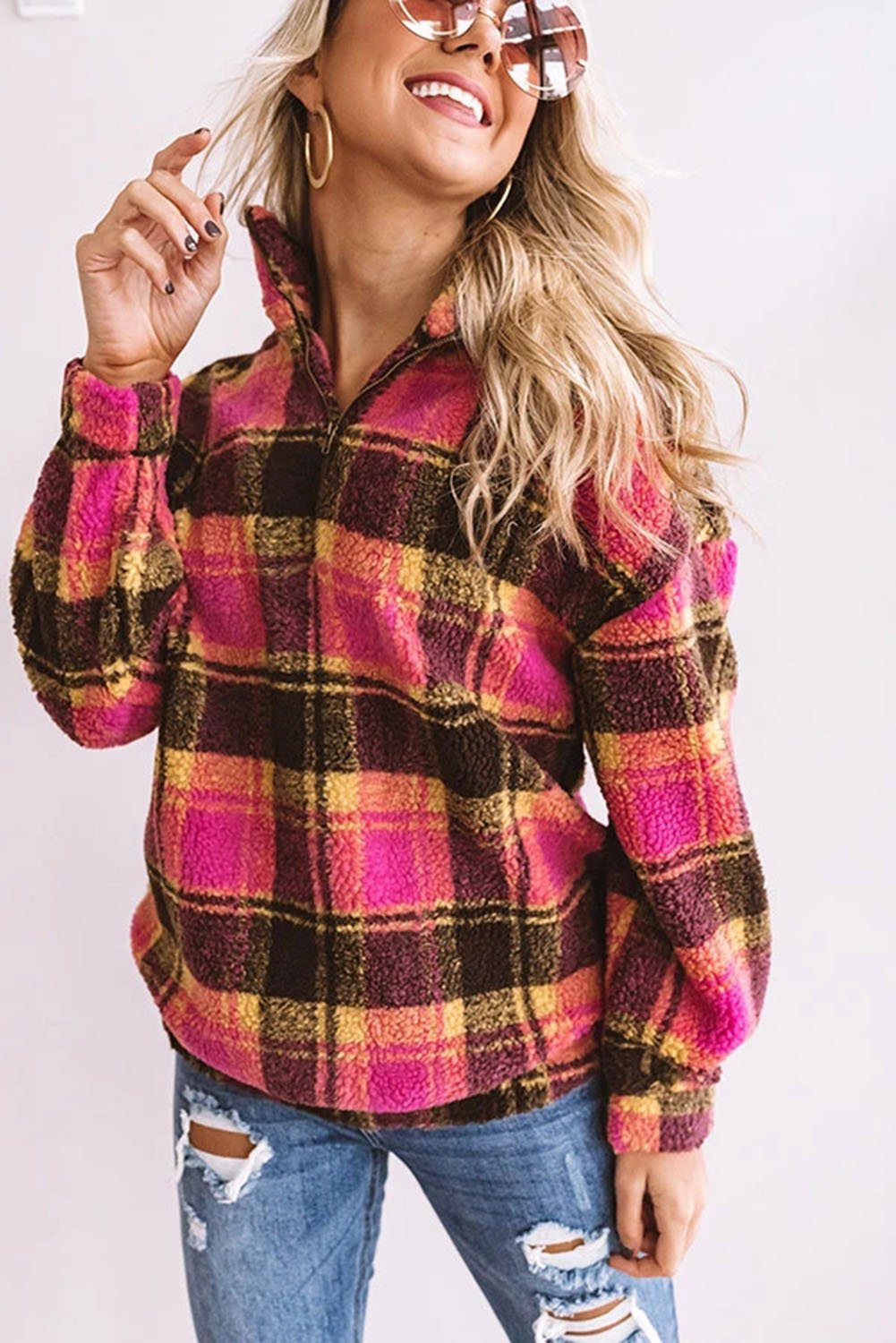 Plaid Zipper Stand Collar Sherpa Pullover Sweatshirt featuring a stylish plaid print and soft fabric, perfect for casual wear.