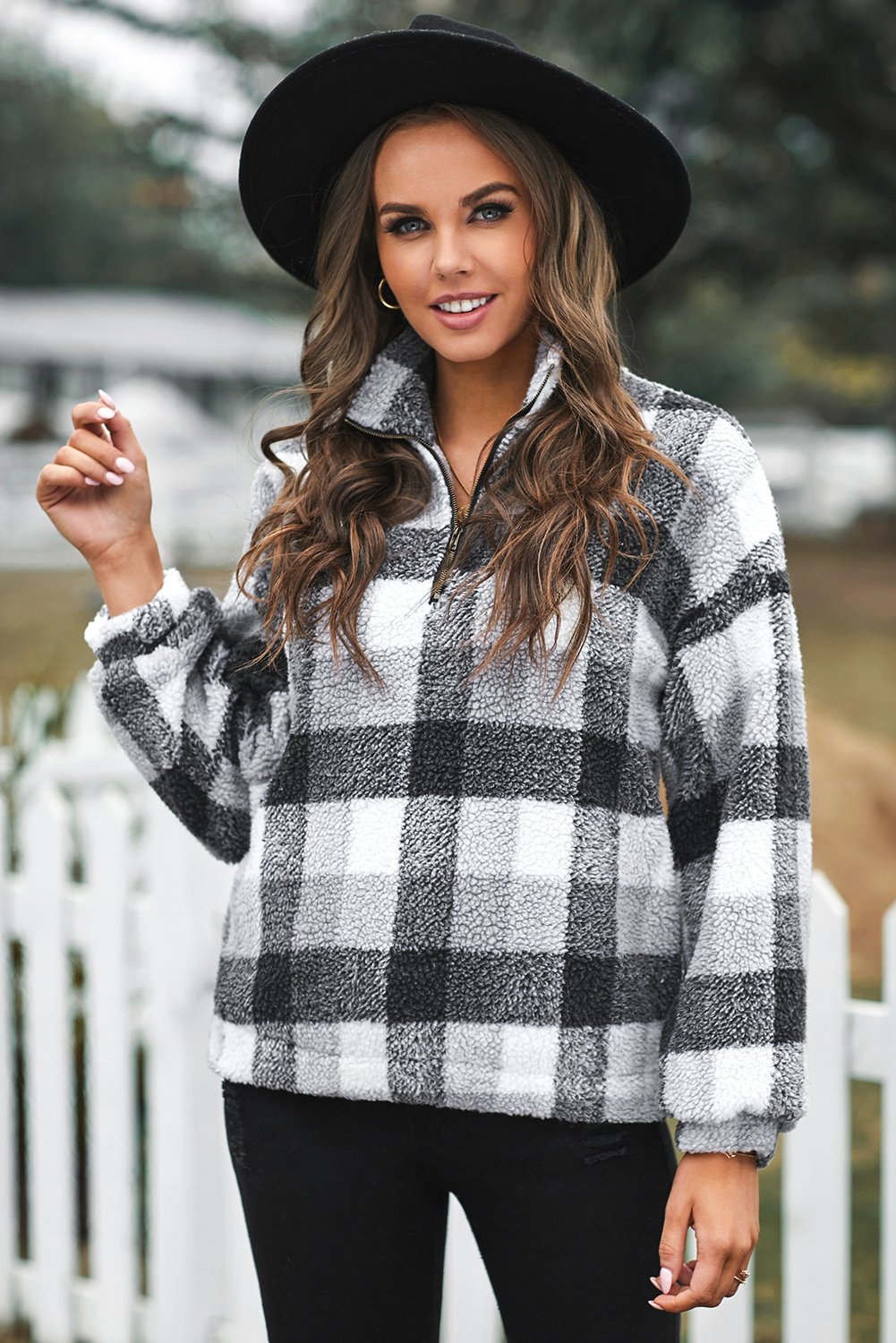 Plaid Zipper Stand Collar Sherpa Pullover Sweatshirt featuring a stylish plaid print and soft fabric, perfect for casual wear.