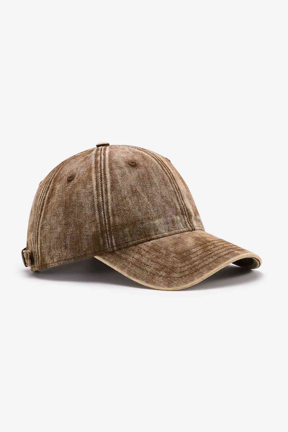 Plain adjustable baseball cap made of 100% cotton, featuring a solid pattern and adjustable strap for a comfortable fit.