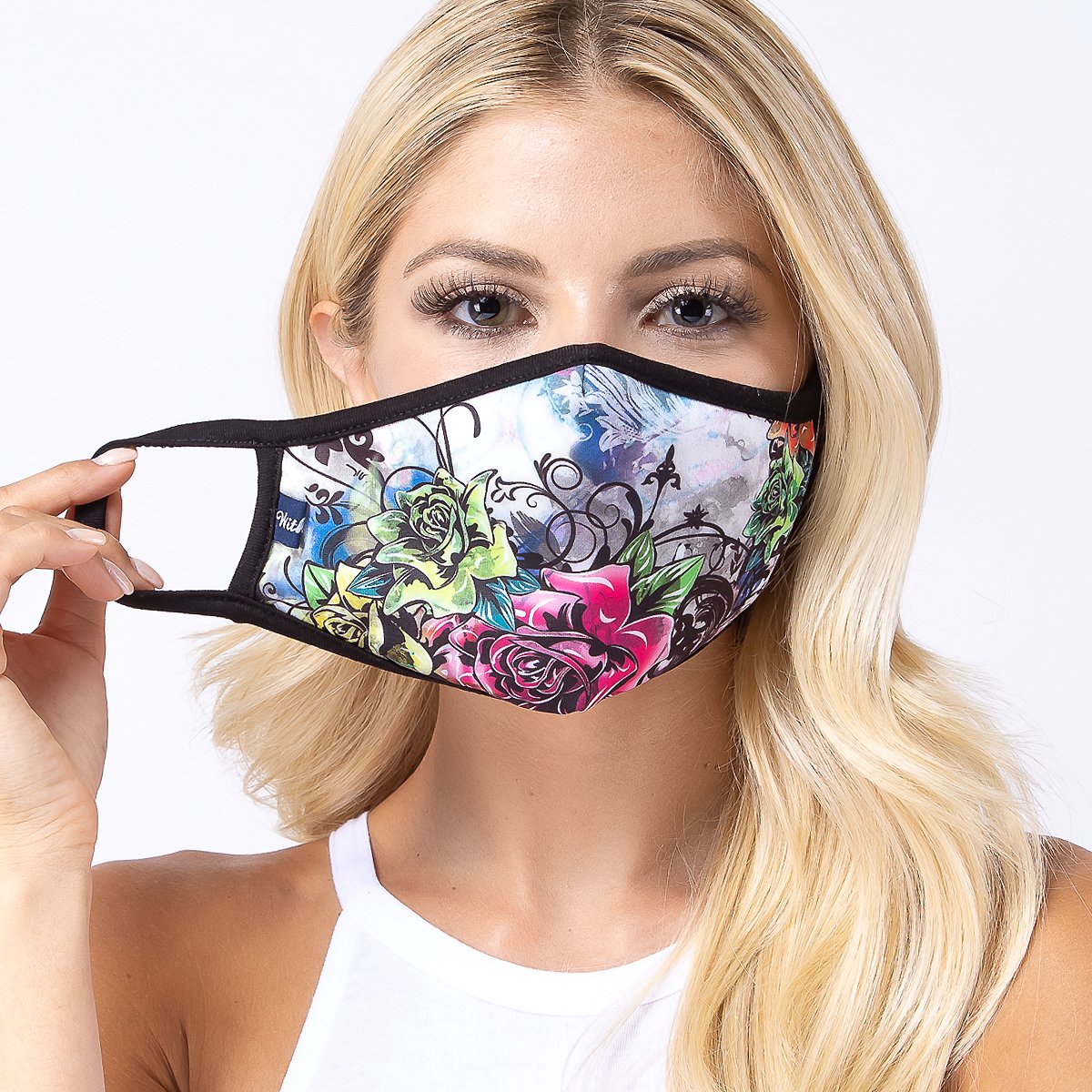 Plant Rose 3-Layered Face Cover featuring a unique floral print design, made from polyester and cotton, suitable for unisex wear.