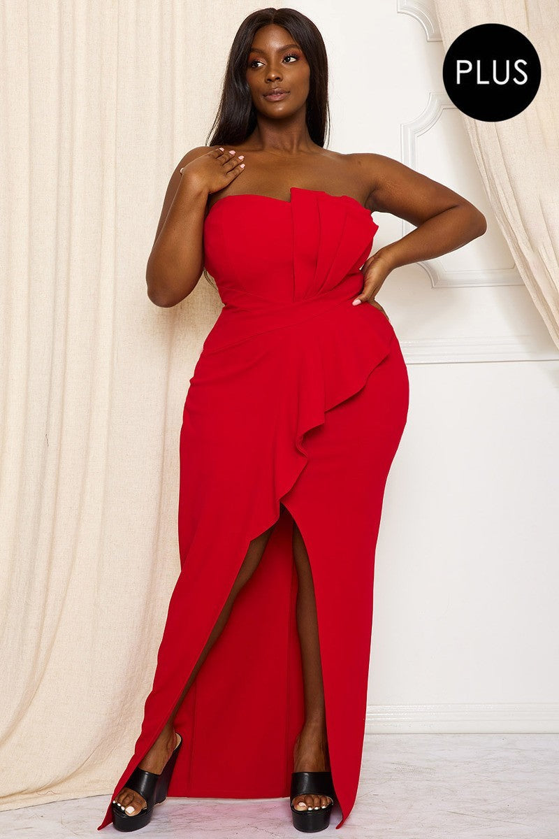 A stylish Pleated Detail Tube Top Plus Maxi Dress in vibrant red, featuring a pleated design, ruffle and slit on the front, and a zipper back.