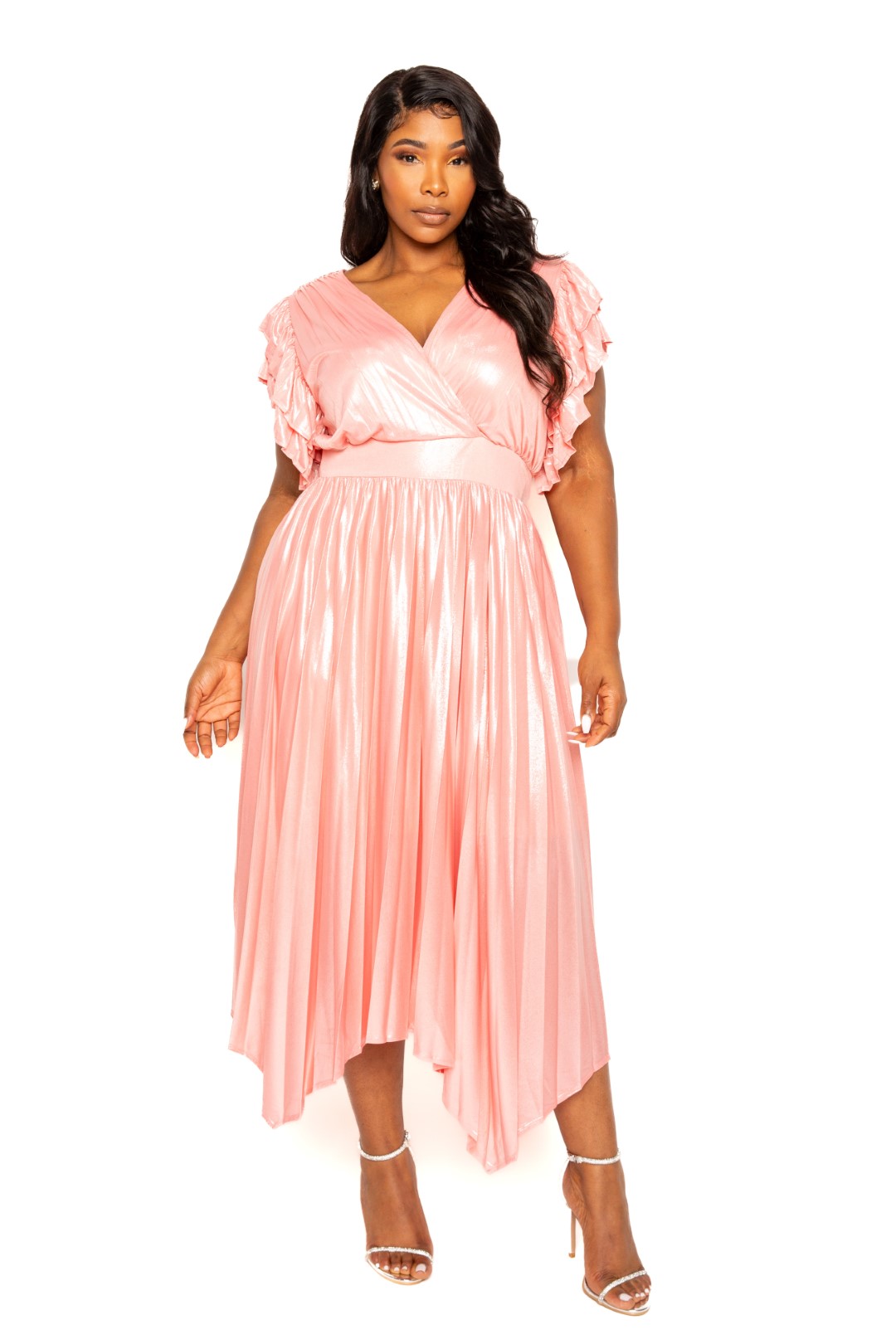 A stylish Pleated Flutter Sleeve Dress in soft Peach color, featuring elegant pleated detailing and flutter sleeves, perfect for various occasions.