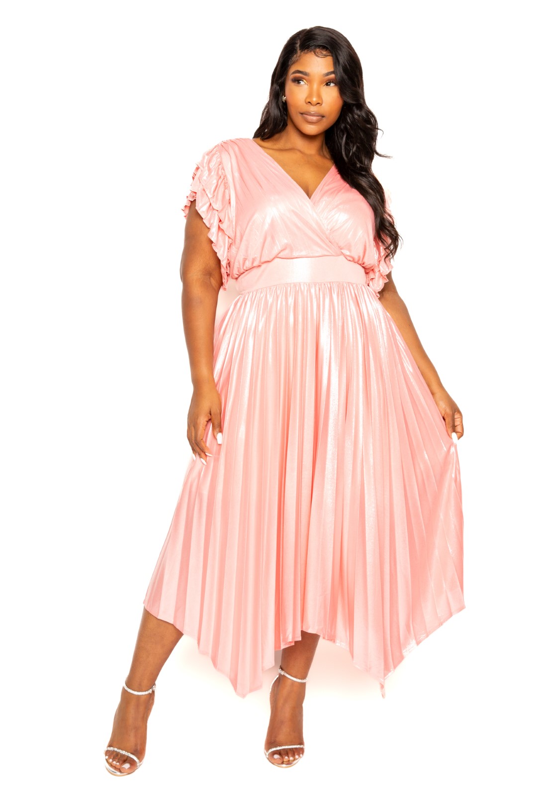 A stylish Pleated Flutter Sleeve Dress in soft Peach color, featuring elegant pleated detailing and flutter sleeves, perfect for various occasions.