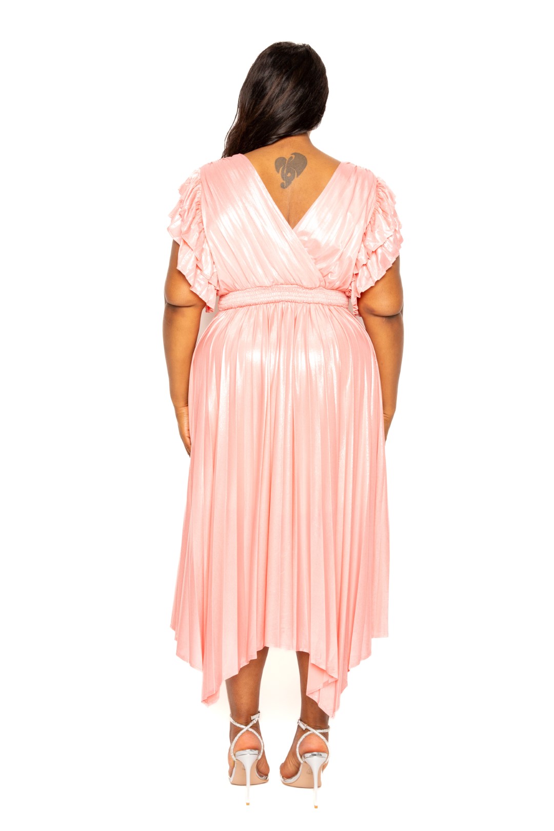 A stylish Pleated Flutter Sleeve Dress in soft Peach color, featuring elegant pleated detailing and flutter sleeves, perfect for various occasions.