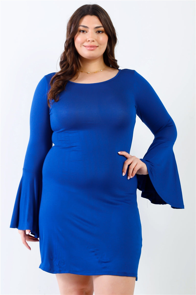 A stylish Plus Bell Long Sleeve Mini Dress featuring long bell sleeves, a round neckline, and a slim fit in a vibrant royal color.