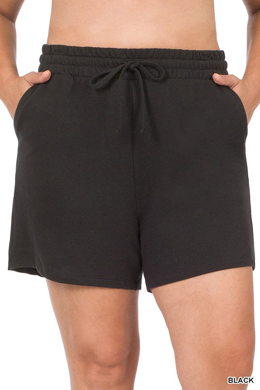 A pair of charcoal Plus French Terry Drawstring Waist Shorts featuring an elastic waistband and side pockets, made from soft cotton fabric.