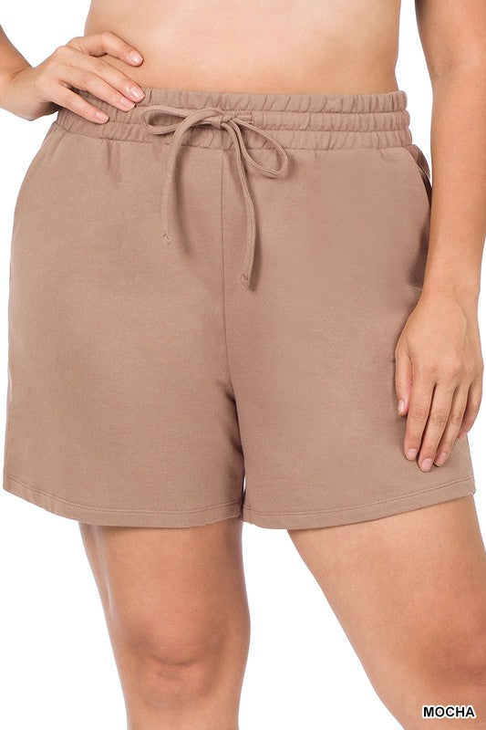 A pair of charcoal Plus French Terry Drawstring Waist Shorts featuring an elastic waistband and side pockets, made from soft cotton fabric.