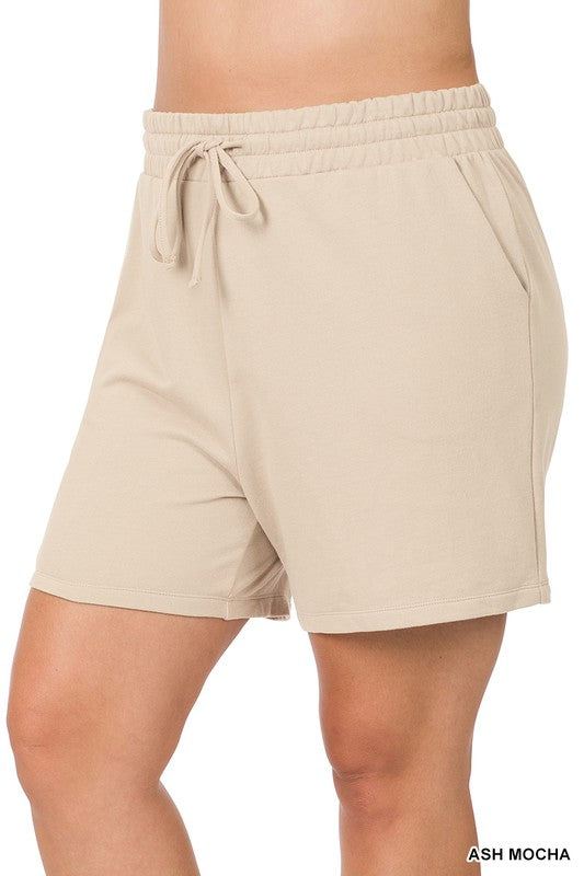 A pair of charcoal Plus French Terry Drawstring Waist Shorts featuring an elastic waistband and side pockets, made from soft cotton fabric.