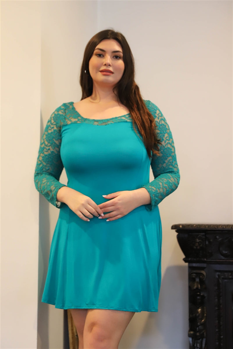 Teal Plus Lace Detail Long Sleeve Mini Dress featuring lace back and long sleeves, perfect for casual and elegant occasions.