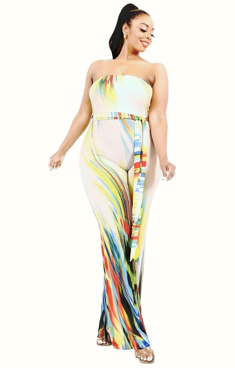 Plus size off shoulder jumpsuit with tie waist and wide leg design in white and multi colors.