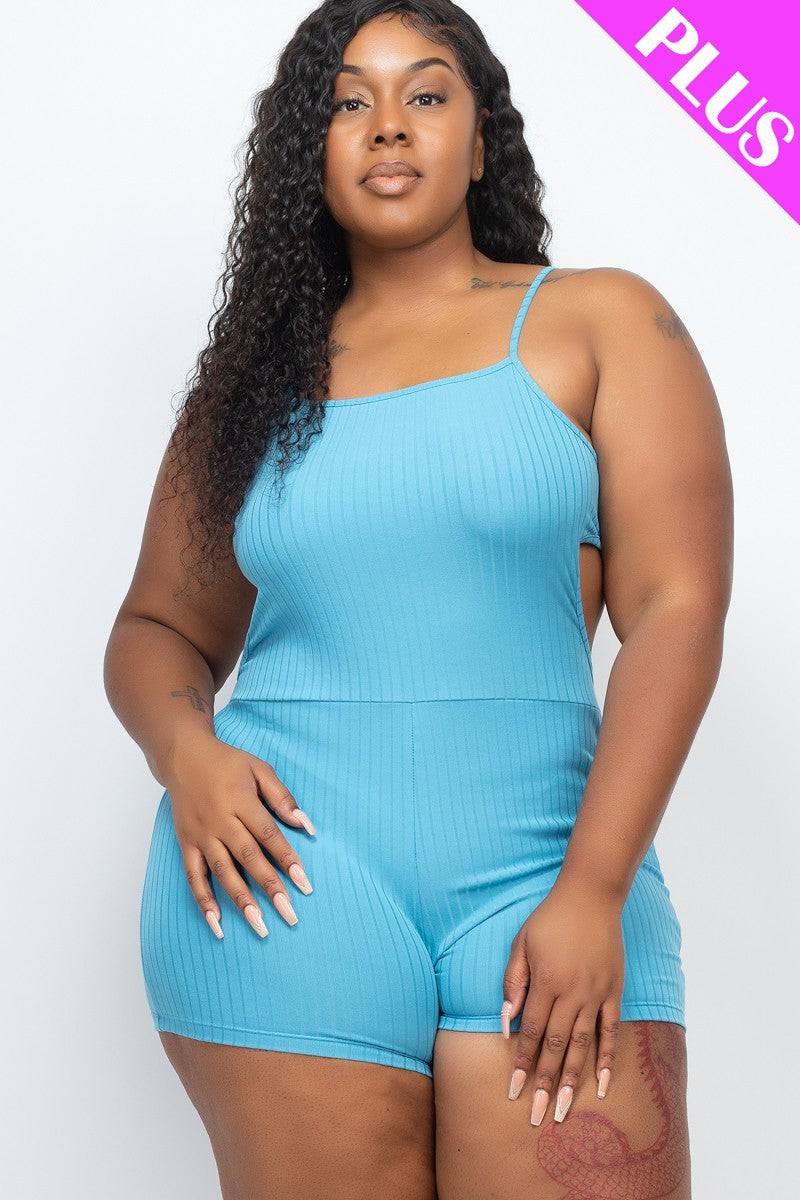 Plus size ribbed sleeveless bodycon romper with back cutout design, showcasing soft fabric and stylish fit.