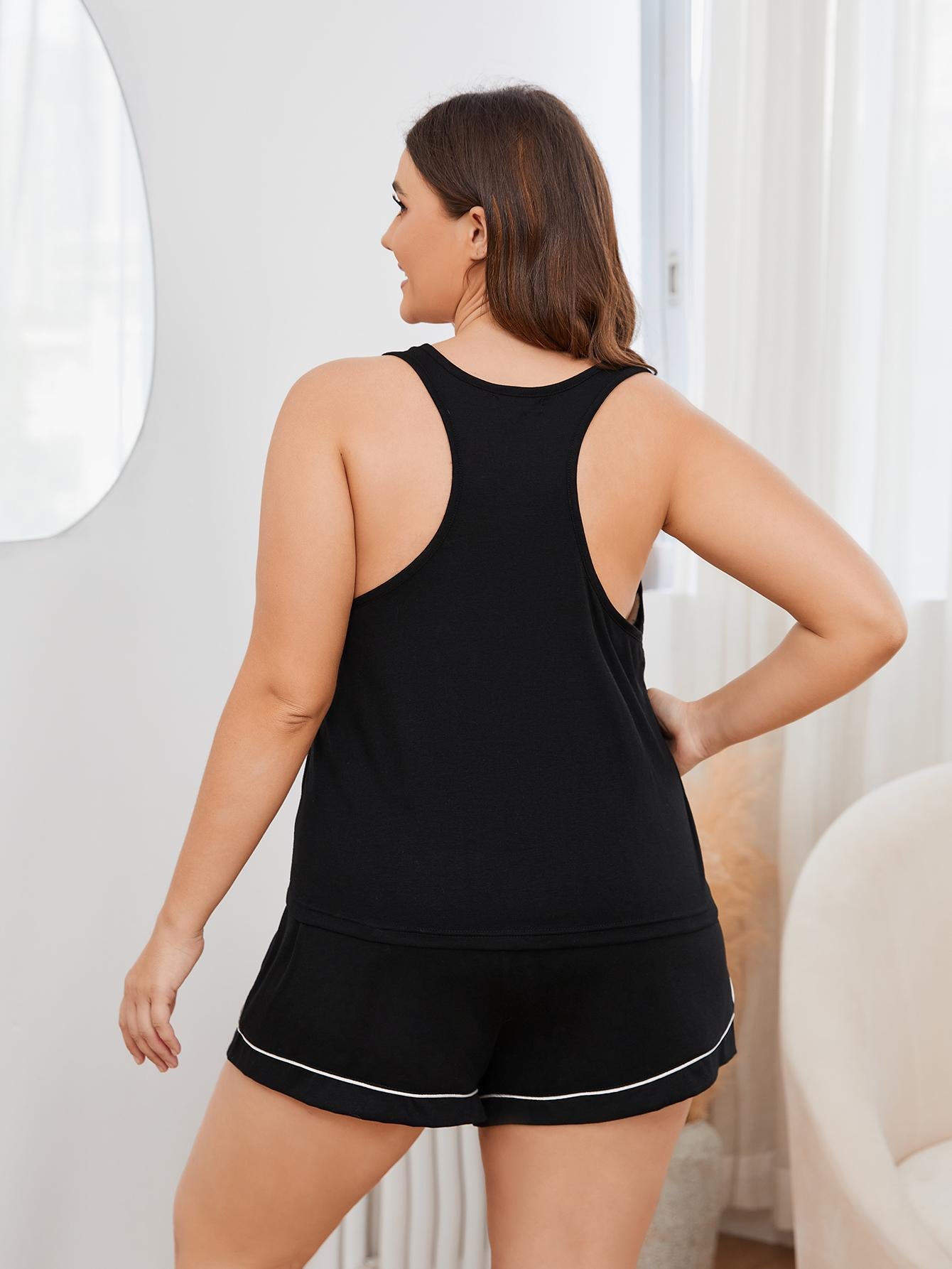 Plus size lounge set featuring a contrast piping racerback tank top and shorts, designed for comfort and style.