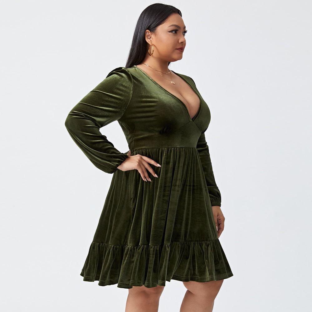 Plus size deep V long sleeve velvet dress with ruffle hem, showcasing elegant design and soft fabric.