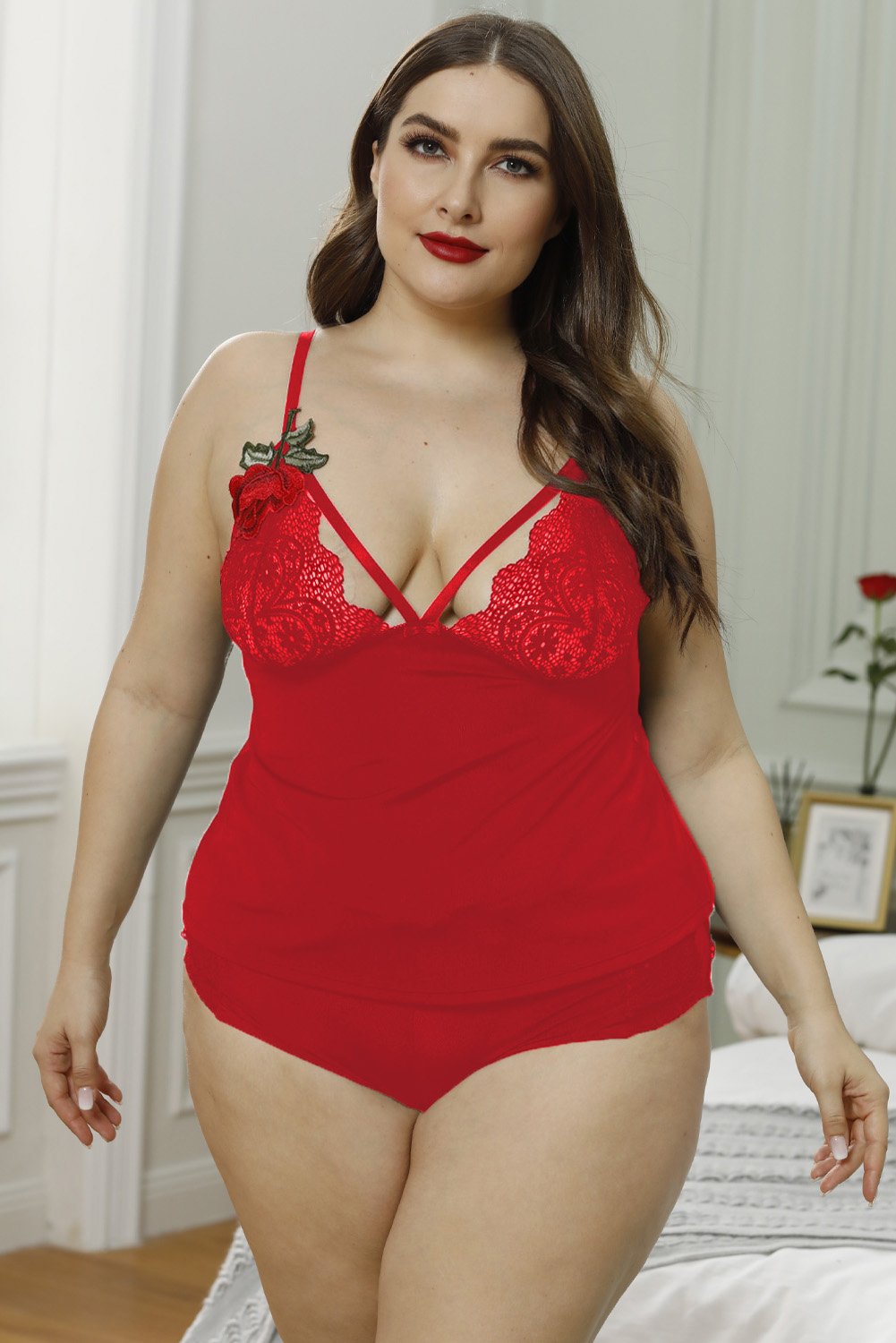 Plus Size Floral Embroidery Lace Cami Set featuring caged design, floral embroidery, and adjustable spaghetti straps, perfect for curvy women.