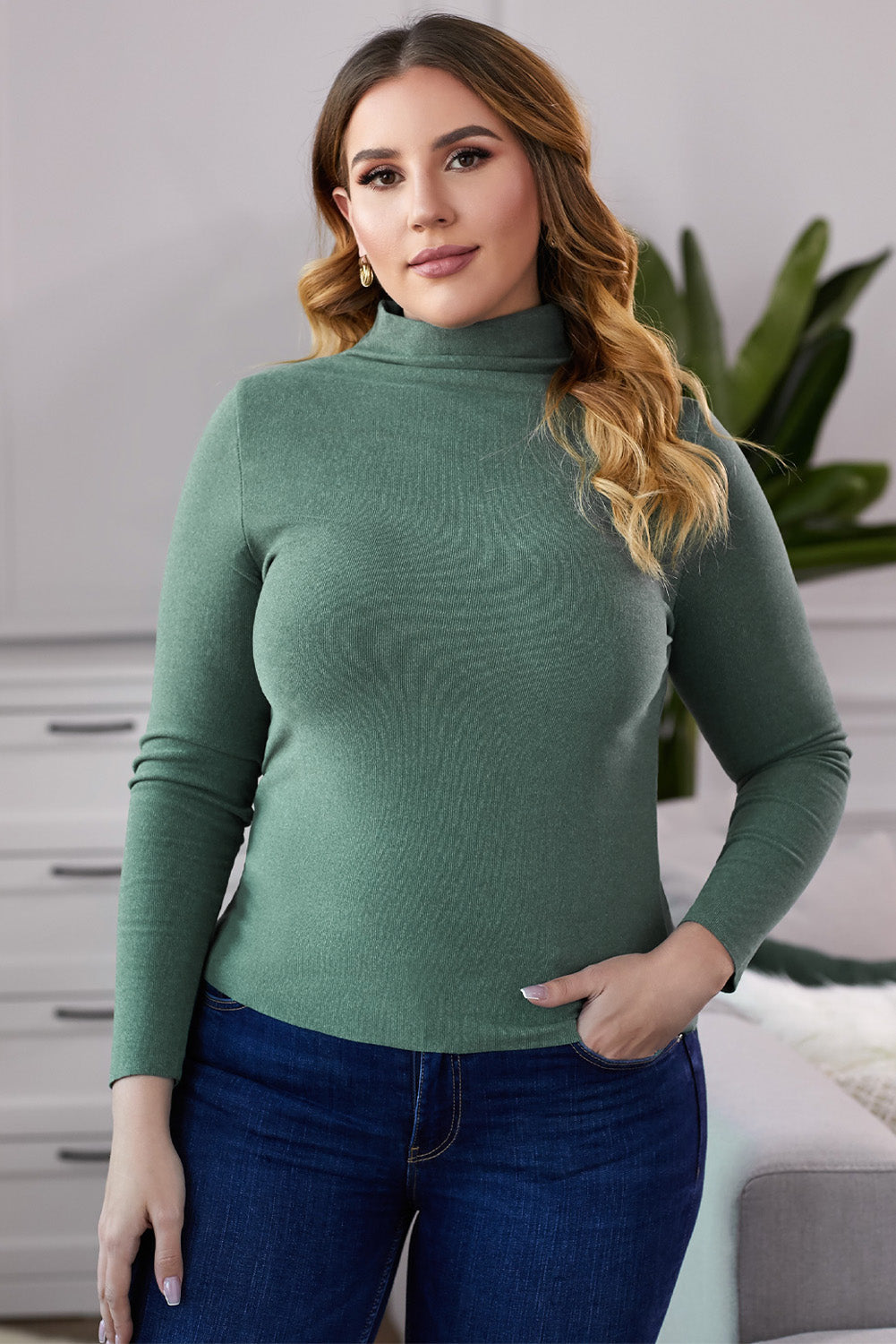 A stylish plus size mock neck long sleeve top in solid color, showcasing its casual chic design and comfortable fit.