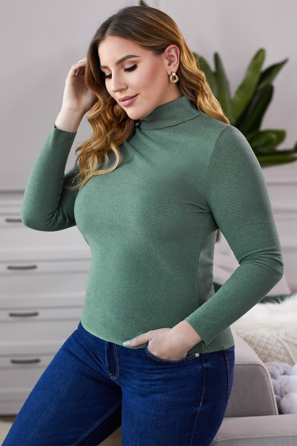 A stylish plus size mock neck long sleeve top in solid color, showcasing its casual chic design and comfortable fit.