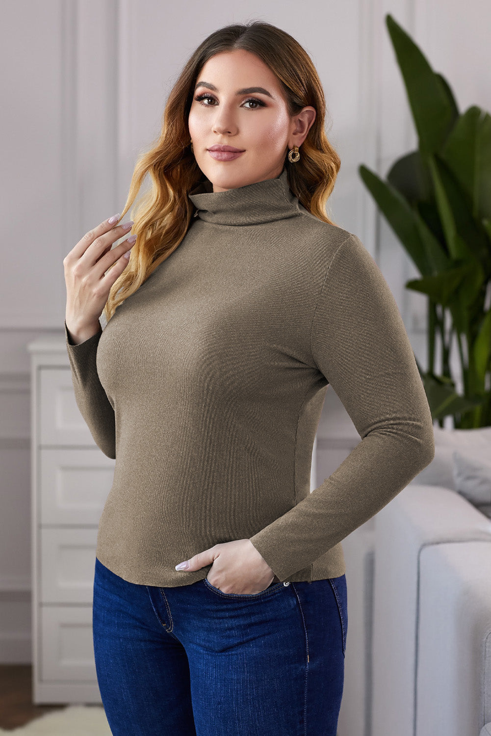 A stylish plus size mock neck long sleeve top in solid color, showcasing its casual chic design and comfortable fit.