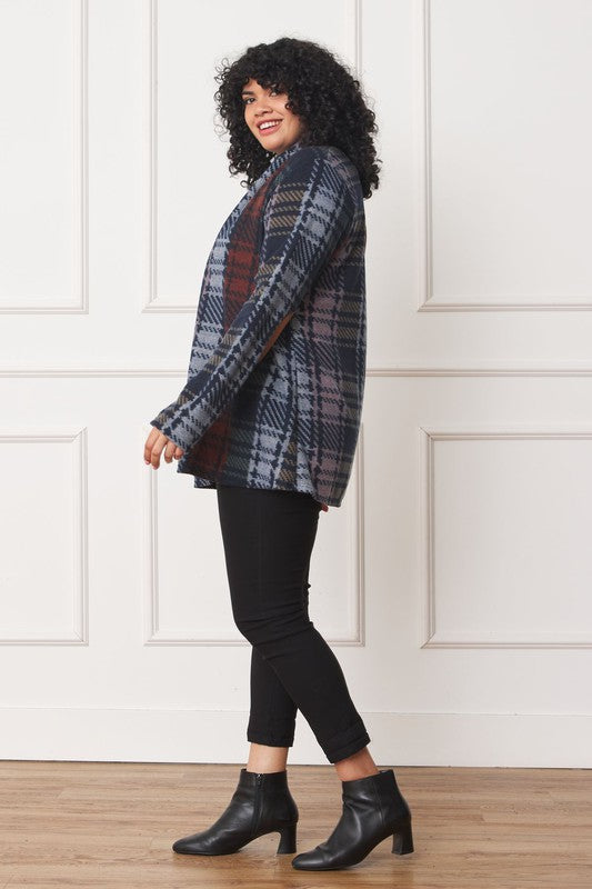 A stylish plus size multi-color plaid cardigan with elbow patches, perfect for layering and adding flair to any outfit.