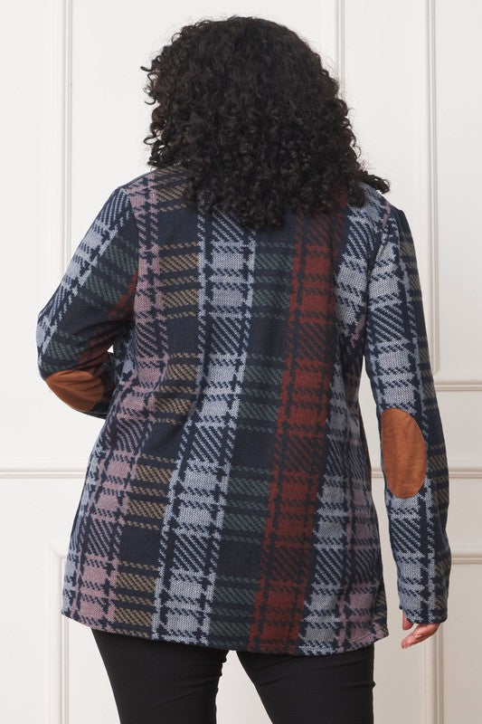 A stylish plus size multi-color plaid cardigan with elbow patches, perfect for layering and adding flair to any outfit.