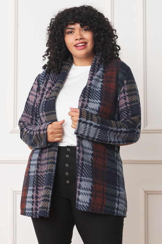 A stylish plus size multi-color plaid cardigan with elbow patches, perfect for layering and adding flair to any outfit.