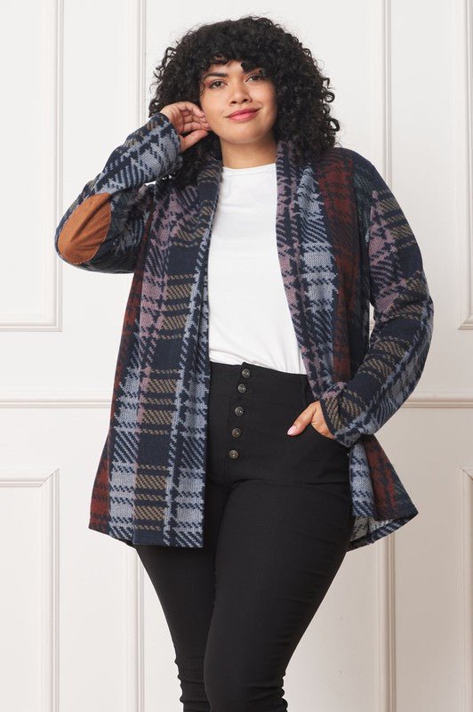 A stylish plus size multi-color plaid cardigan with elbow patches, perfect for layering and adding flair to any outfit.