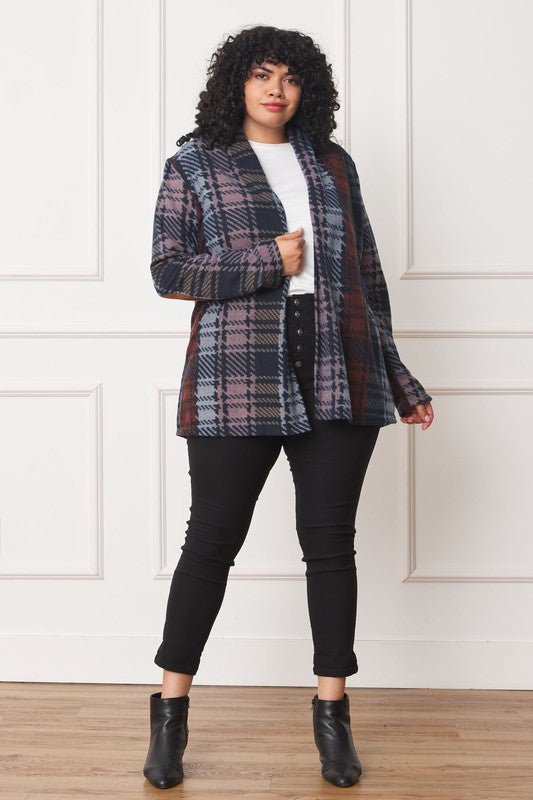 A stylish plus size multi-color plaid cardigan with elbow patches, perfect for layering and adding flair to any outfit.