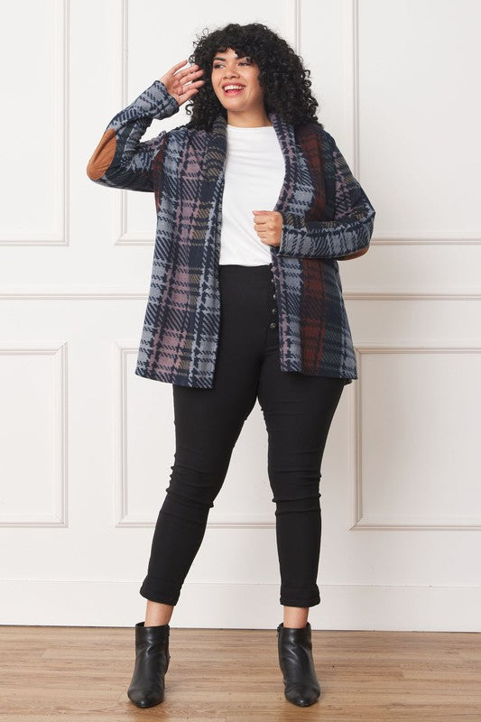 A stylish plus size multi-color plaid cardigan with elbow patches, perfect for layering and adding flair to any outfit.