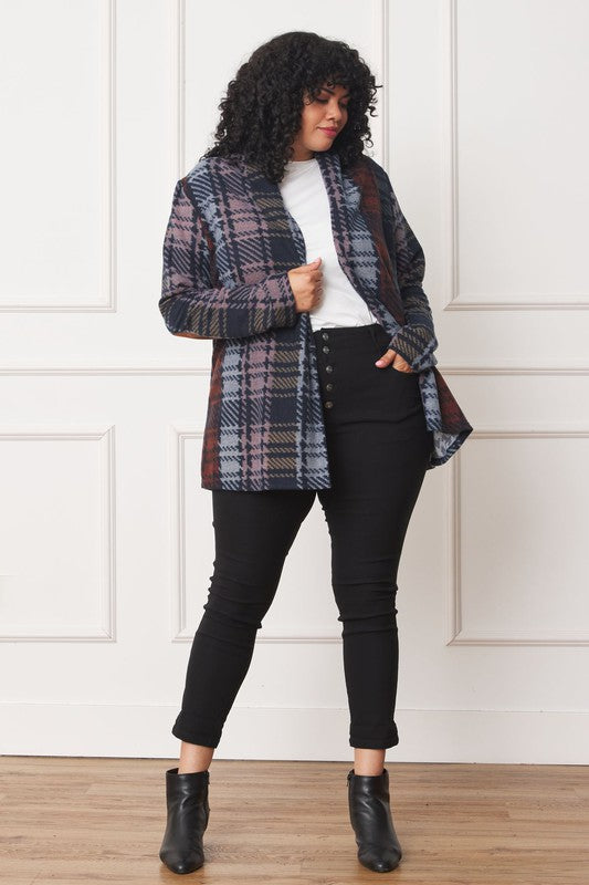 A stylish plus size multi-color plaid cardigan with elbow patches, perfect for layering and adding flair to any outfit.