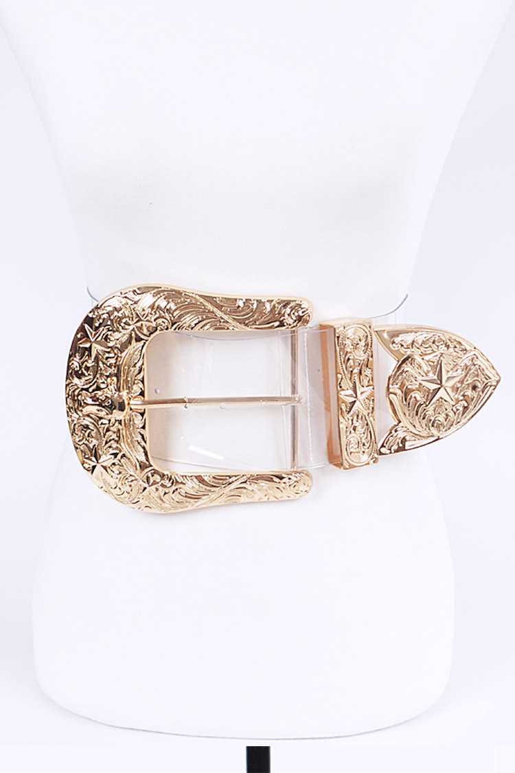 A stylish PLUS SIZE Oversize Buckle Iconic Clear Belt featuring a large buckle and clear design, perfect for enhancing outfits.