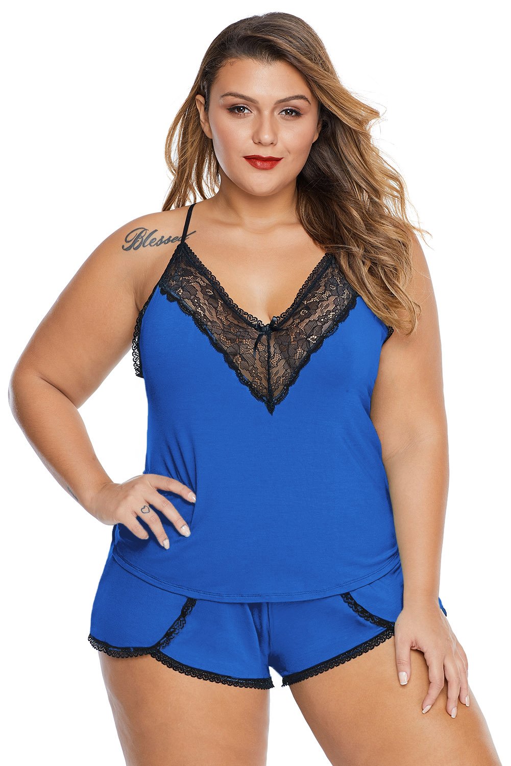 Plus Size Pajamas Cami Shorts Set featuring soft fabric, lace patchwork, and adjustable straps, perfect for comfortable lounging.