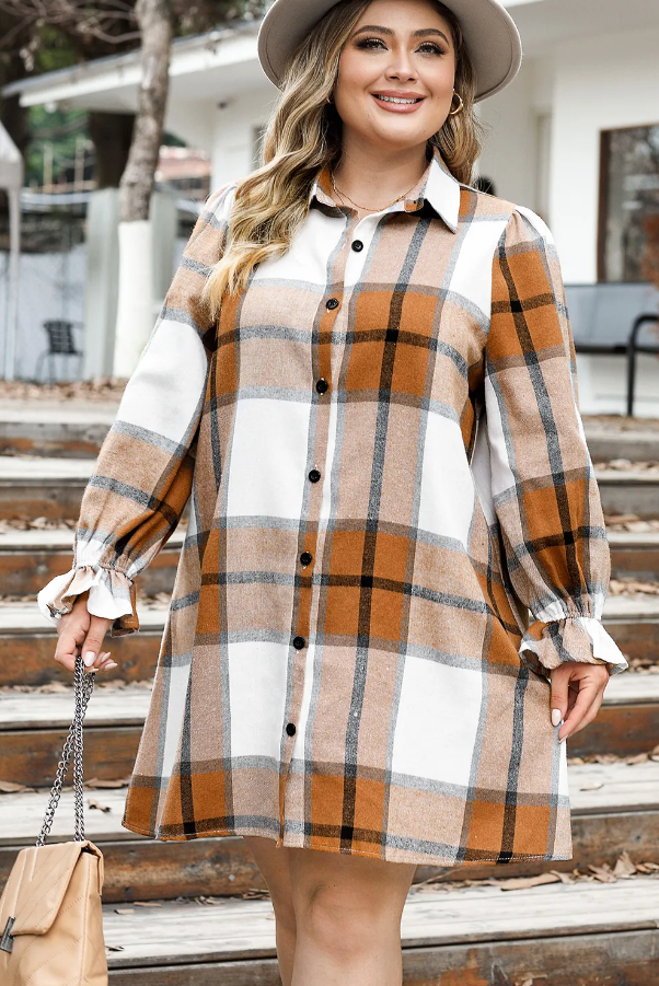 Khaki PLUS SIZE Plaid Print Shirt Dress featuring a classic collar, long sleeves, and button closure, designed for comfort and style.