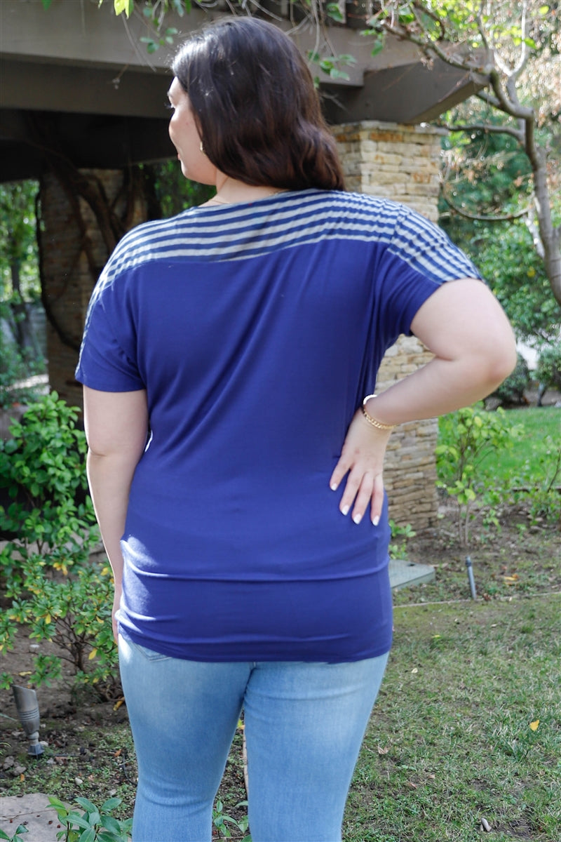 A stylish Plus Stripe Short Sleeve Top featuring bell sleeves and a round neckline in Royal and Grey colors, perfect for casual wear.