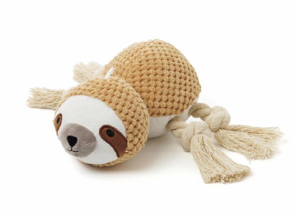 A colorful plush rope toy designed for dogs, featuring a soft fabric exterior and a squeaker inside for interactive play.