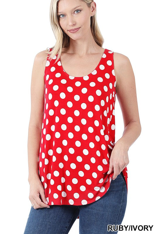 A stylish sleeveless top featuring a playful polka dot design, round neckline, and round hem, perfect for casual wear.