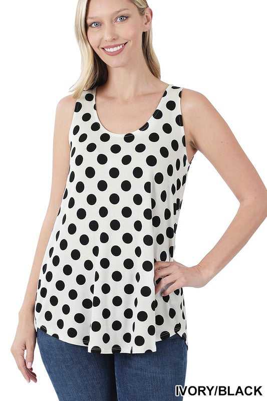 A stylish sleeveless top featuring a playful polka dot design, round neckline, and round hem, perfect for casual wear.