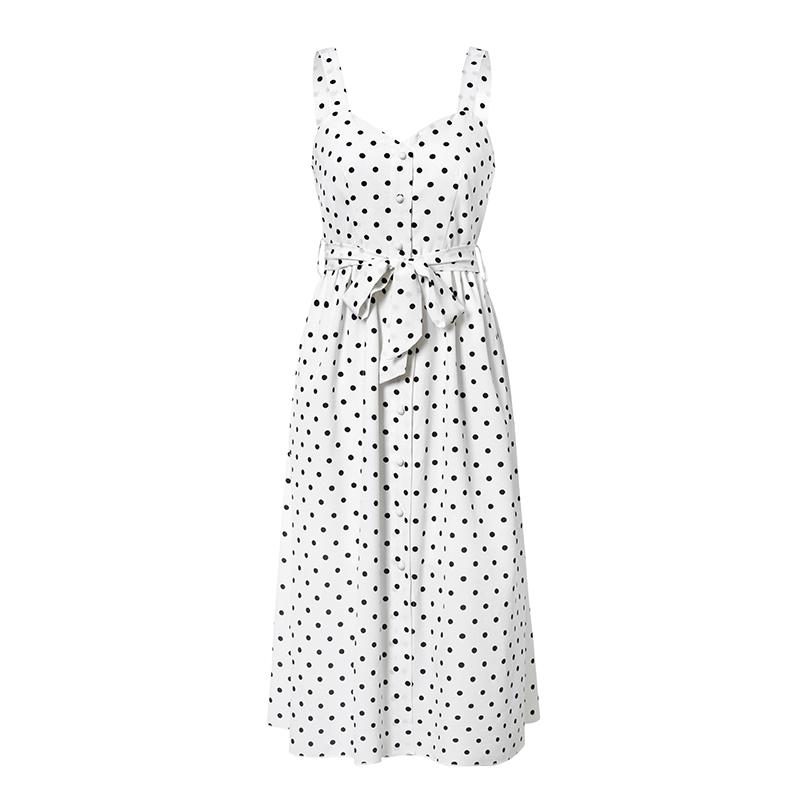 A stylish sleeveless polka dot women dress featuring a square collar and a belt, perfect for summer beach outings.