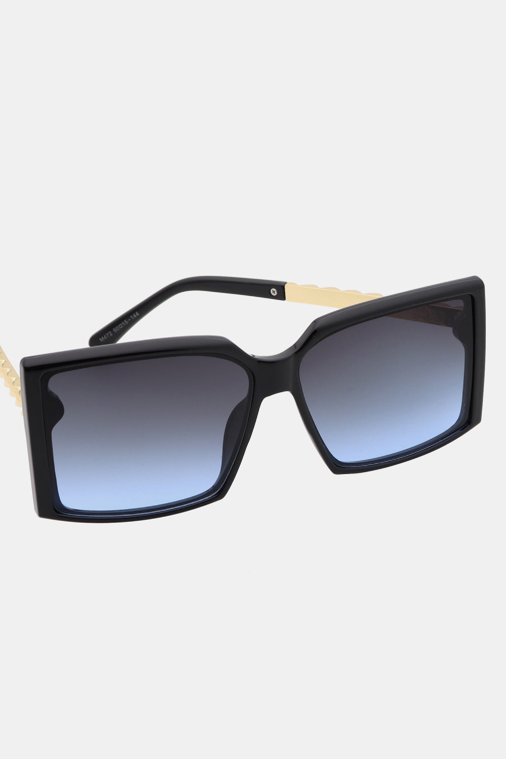 A pair of stylish square sunglasses with a polycarbonate frame and UV400 lenses, displayed in a protective case.