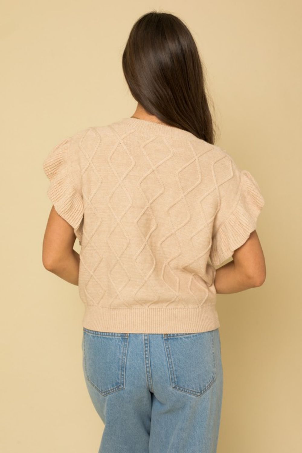 A stylish Pom-Pom Trim Butterfly Sleeve Sweater in a solid color, featuring short butterfly sleeves and a round neckline, perfect for casual wear.